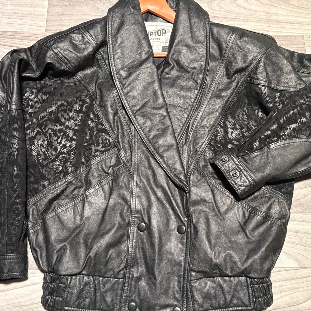 Vintage 80’s Black Leather Jacket with Patterned Sleeves